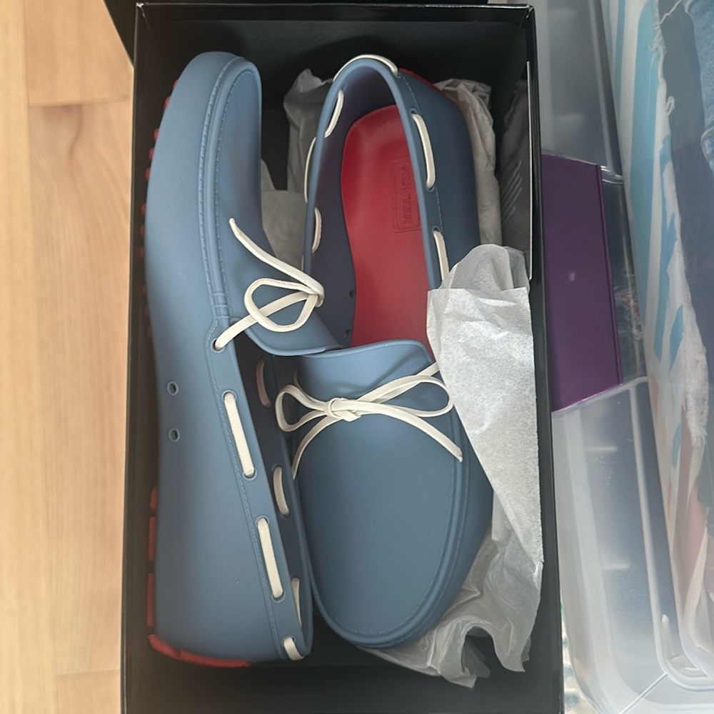 NWT Hunter blue rubber waterproof loafer with white trim red sole size UK5